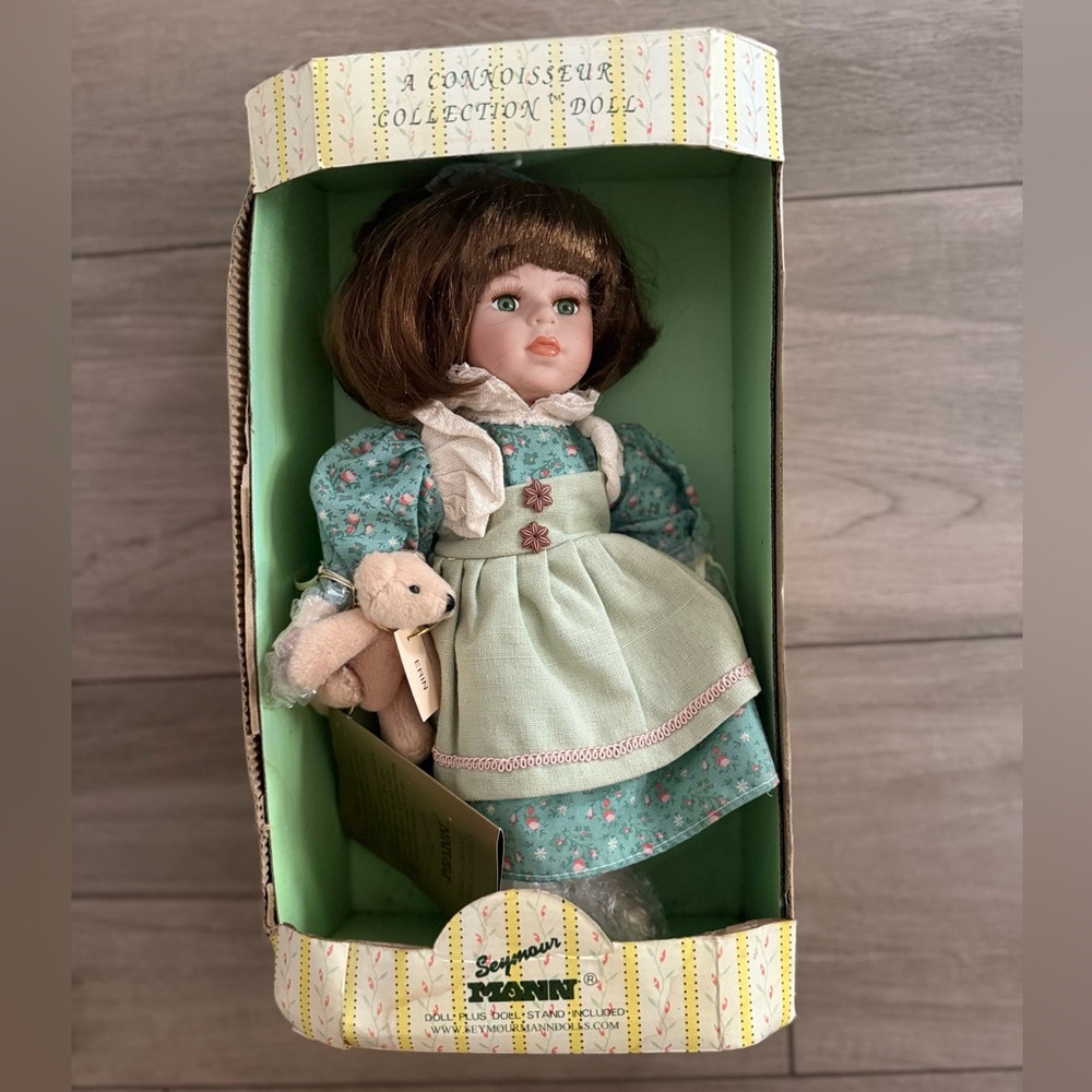 Seymour Mann Porcelain Doll in Mint Floral Dress with Teddy